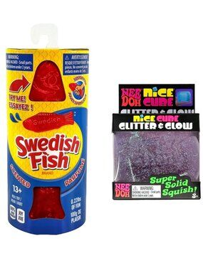 Swedish Fish Squishi Scented Squeeze + Nee Doh Nice Cube Glitter and Glow PURPLE
